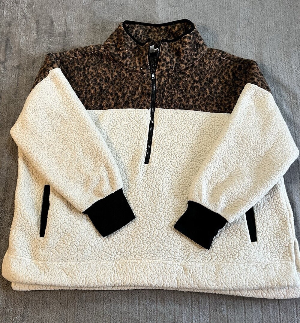 LuLaRoe Nancy Half Zip Pullover Sherpa Leopard Ivory Black Women's  XL Winter